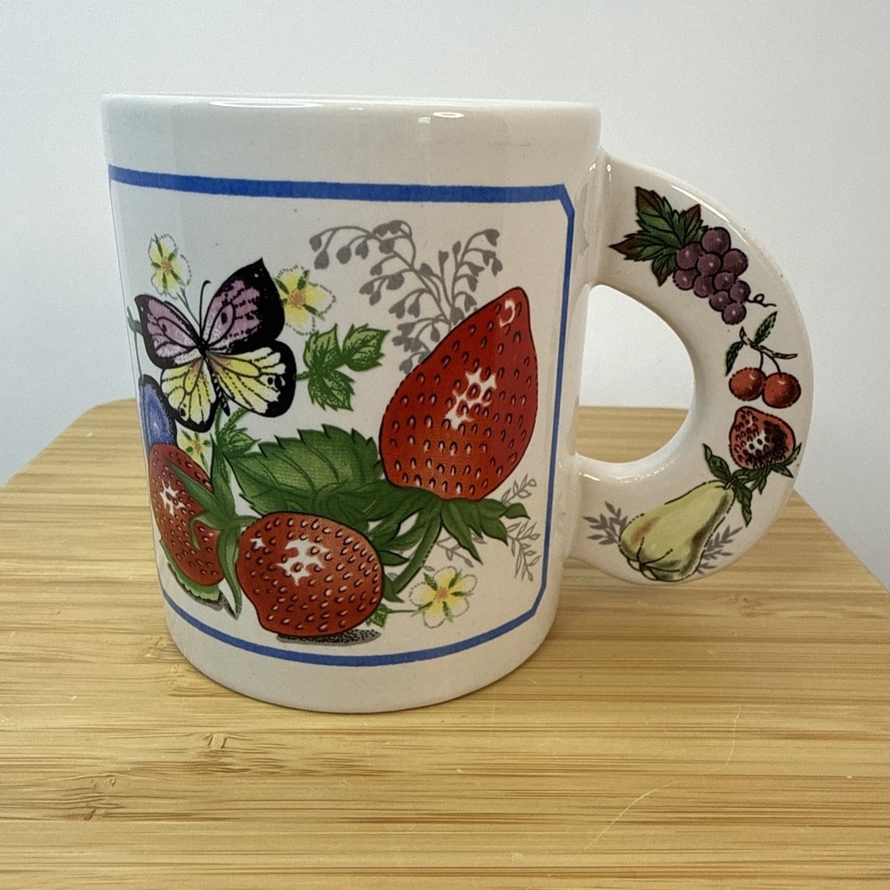 Vintage‎ Strawberry Fruit Fields Mug Cottagecore Butterfly Unique Ceramic